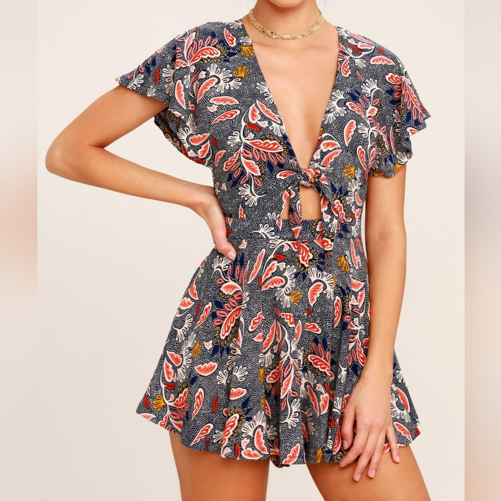 Lulu's Floral Print Jumpsuit in Red and Blue